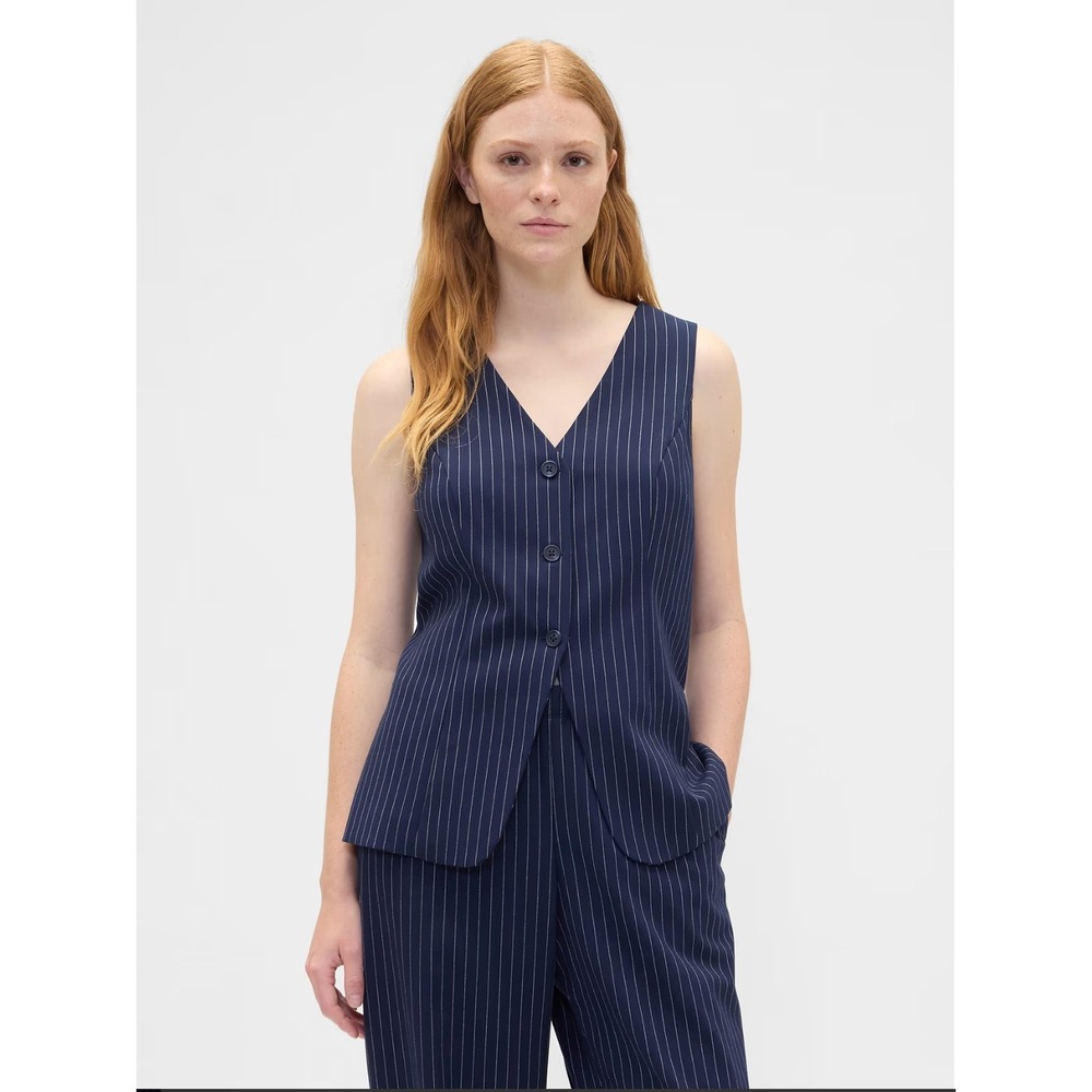 Gap Longline Vest, Navy Blue Pinstripe Tailored V-Neck Button Front Medium